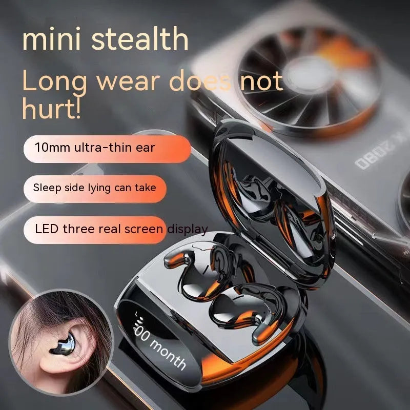 Binaural Bluetooth headset with noise reduction in black, featuring ear-sticking design and Jerry chip for wireless calls up to 10 metres