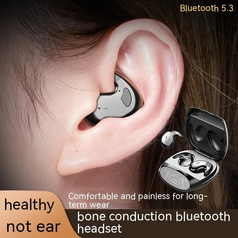 Binaural Bluetooth headset with noise reduction in black, featuring ear-sticking design and Jerry chip for wireless calls up to 10 metres