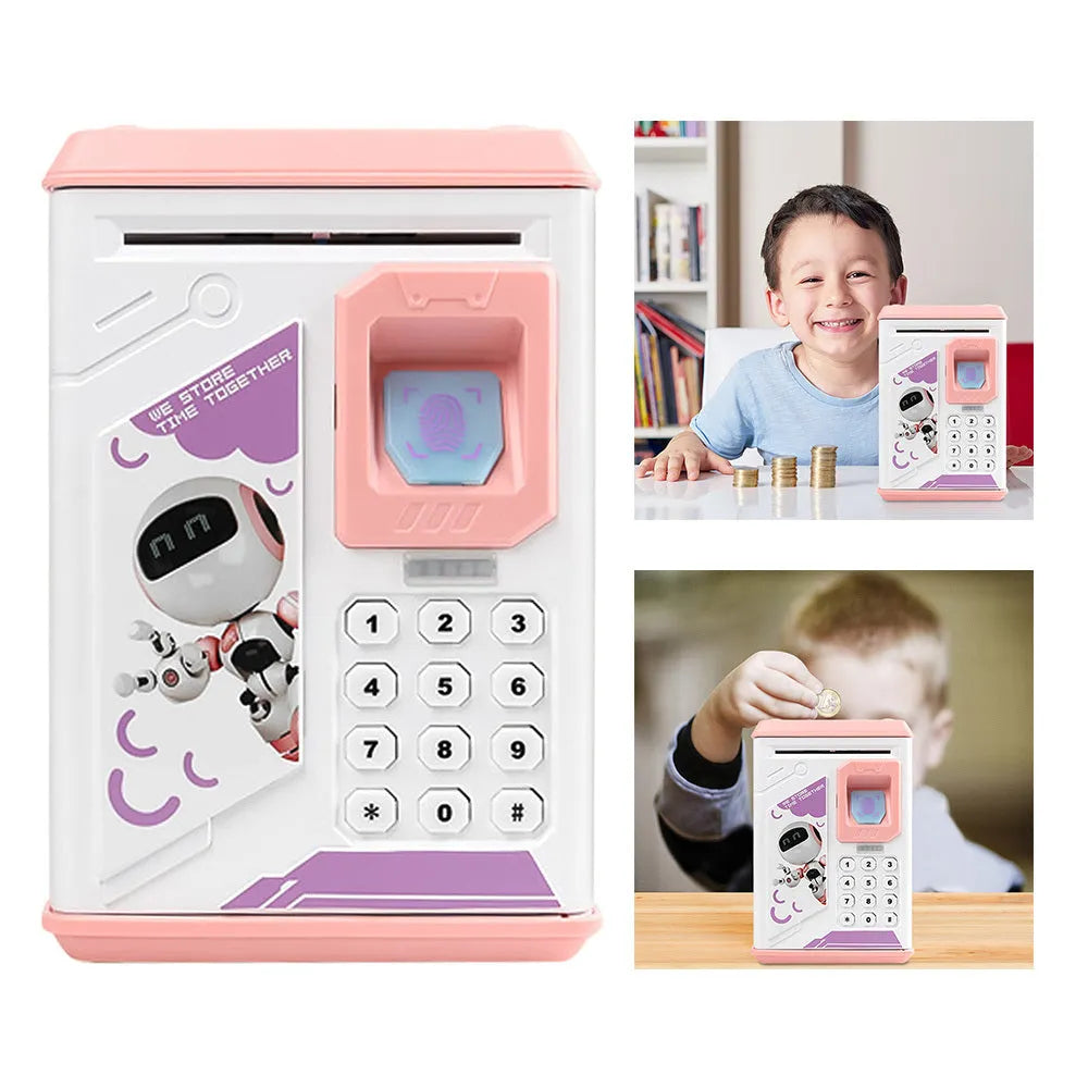 Blue plastic electronic piggy bank with fingerprint scanner and ATM keypad, 13cm height