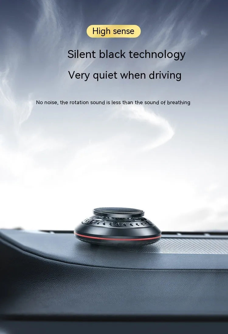Solar-powered car air freshener with aluminium alloy case in black, red, or silver colours