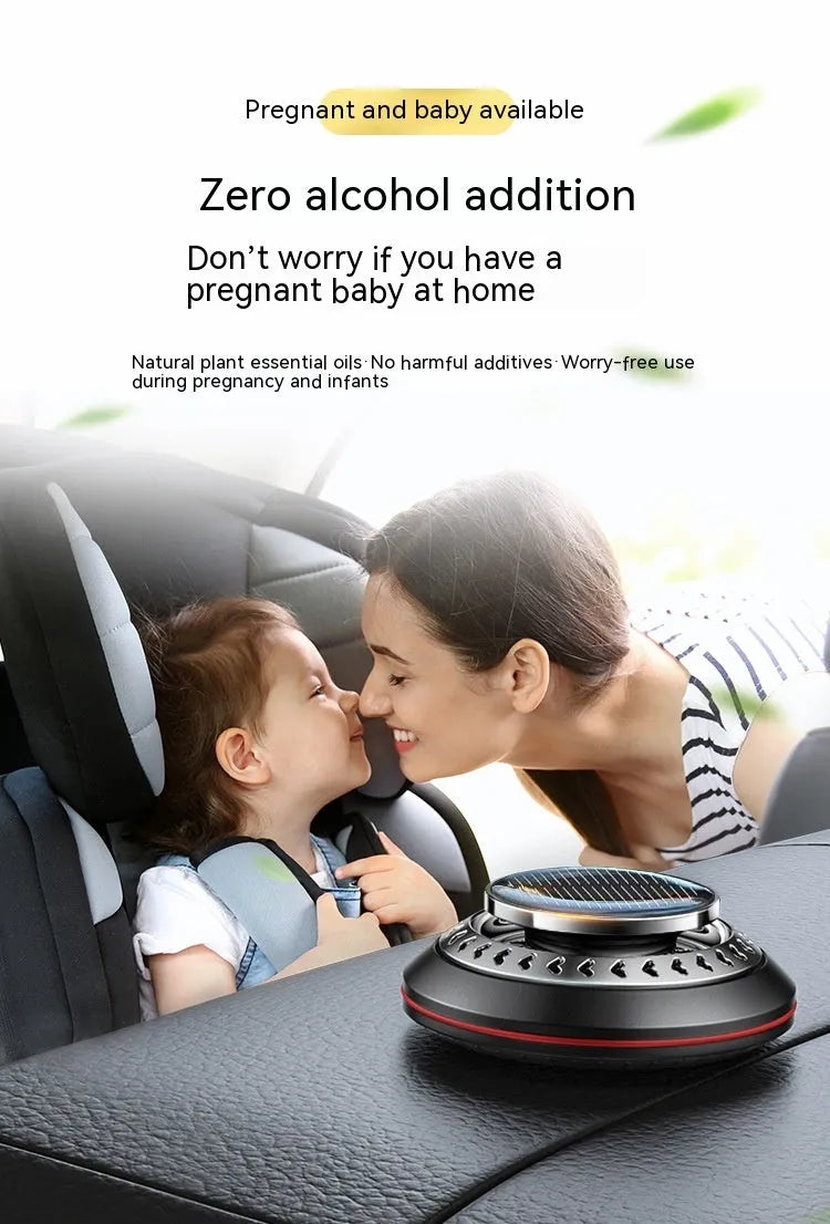 Solar-powered car air freshener with aluminium alloy case in black, red, or silver colours