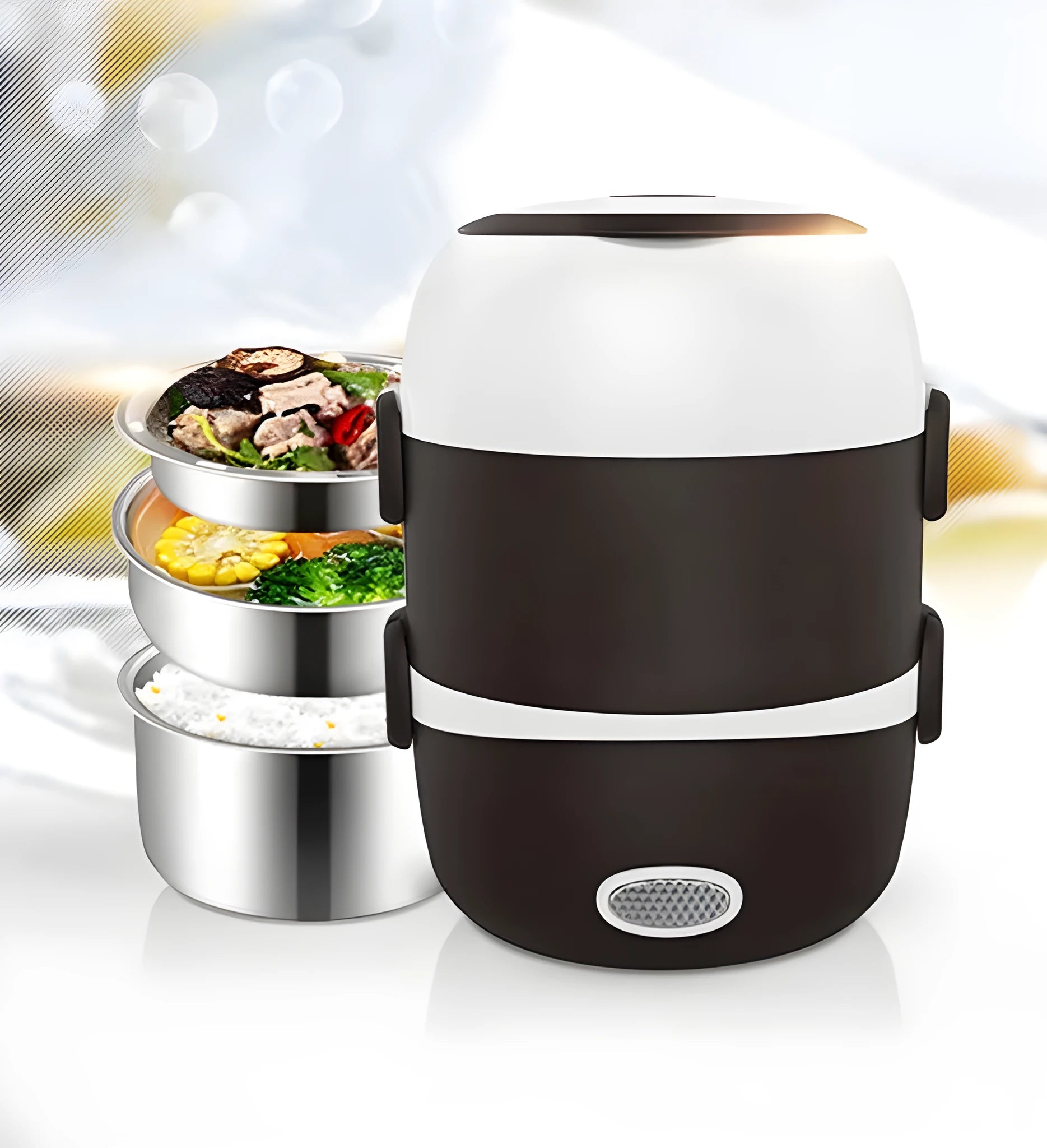 White electric lunch box with USB cable plugged in, showing two-layer food compartments