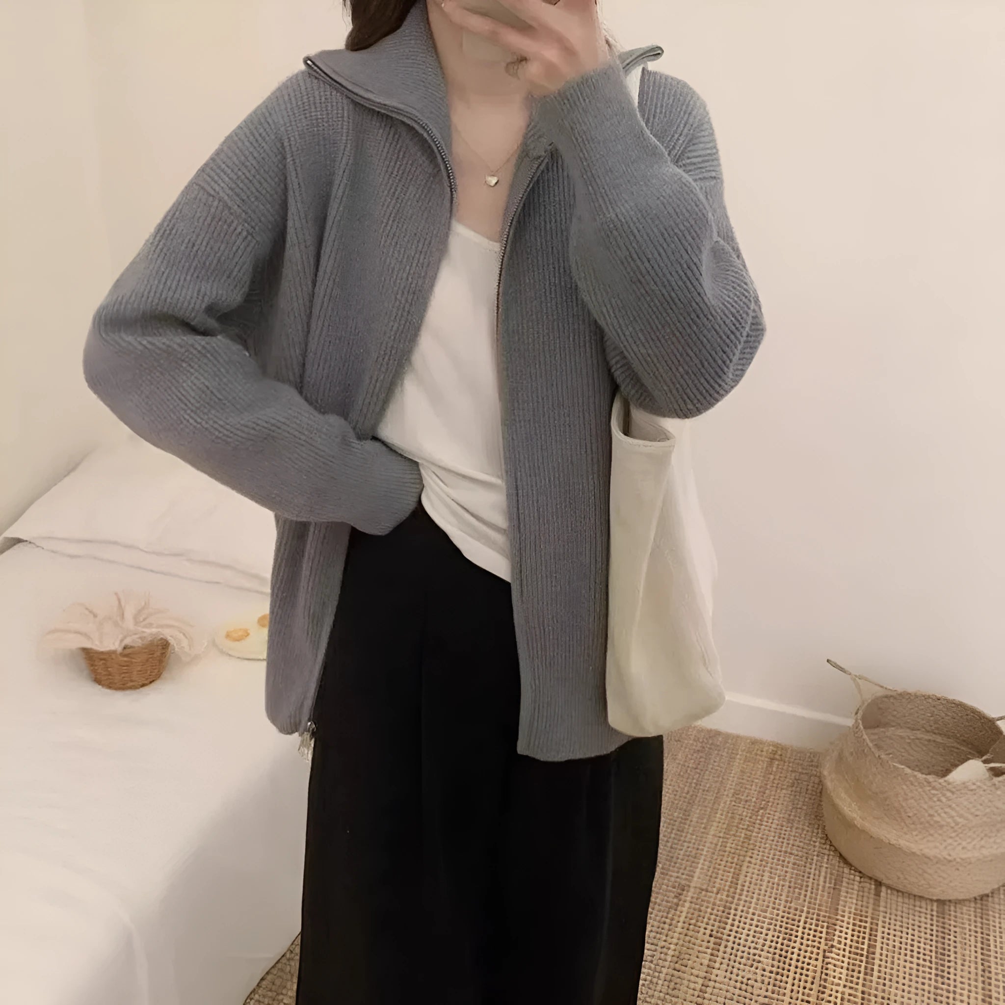 Hong Kong style double zipper knitted cardigan with floral pattern in loose fit free size