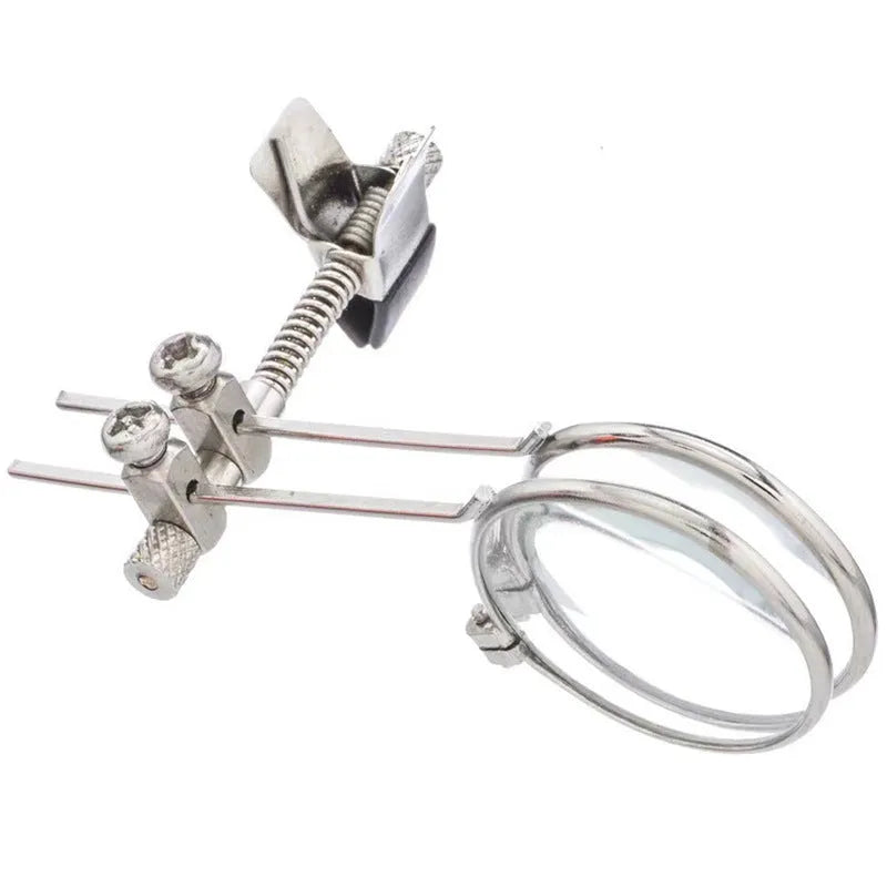 Auxiliary reading glass mirror double clip with metal bracket and glass lens.