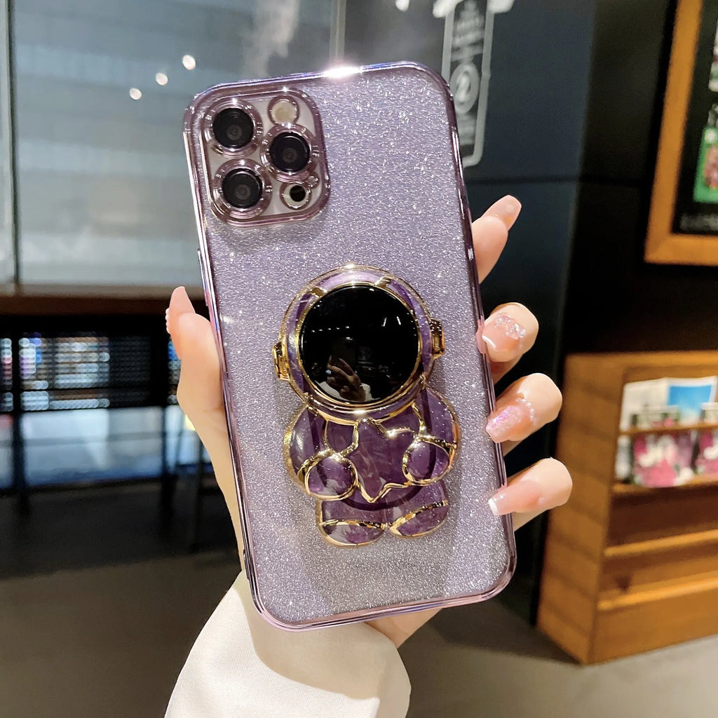 Astronaut glitter phone case with bracket, electroplated TPU cover for iPhone, multiple colours