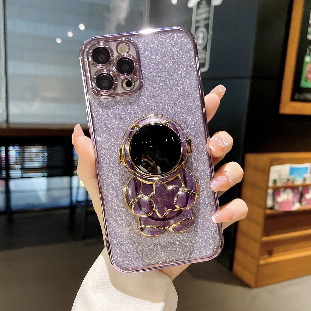 Astronaut glitter phone case with bracket, electroplated TPU cover for iPhone, multiple colours