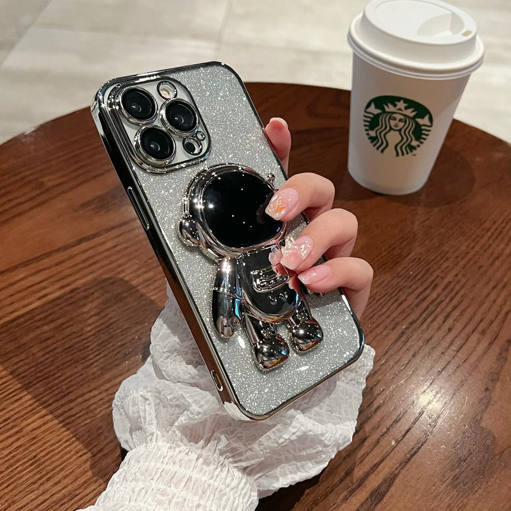 Astronaut glitter phone case with bracket, electroplated TPU cover for iPhone, multiple colours