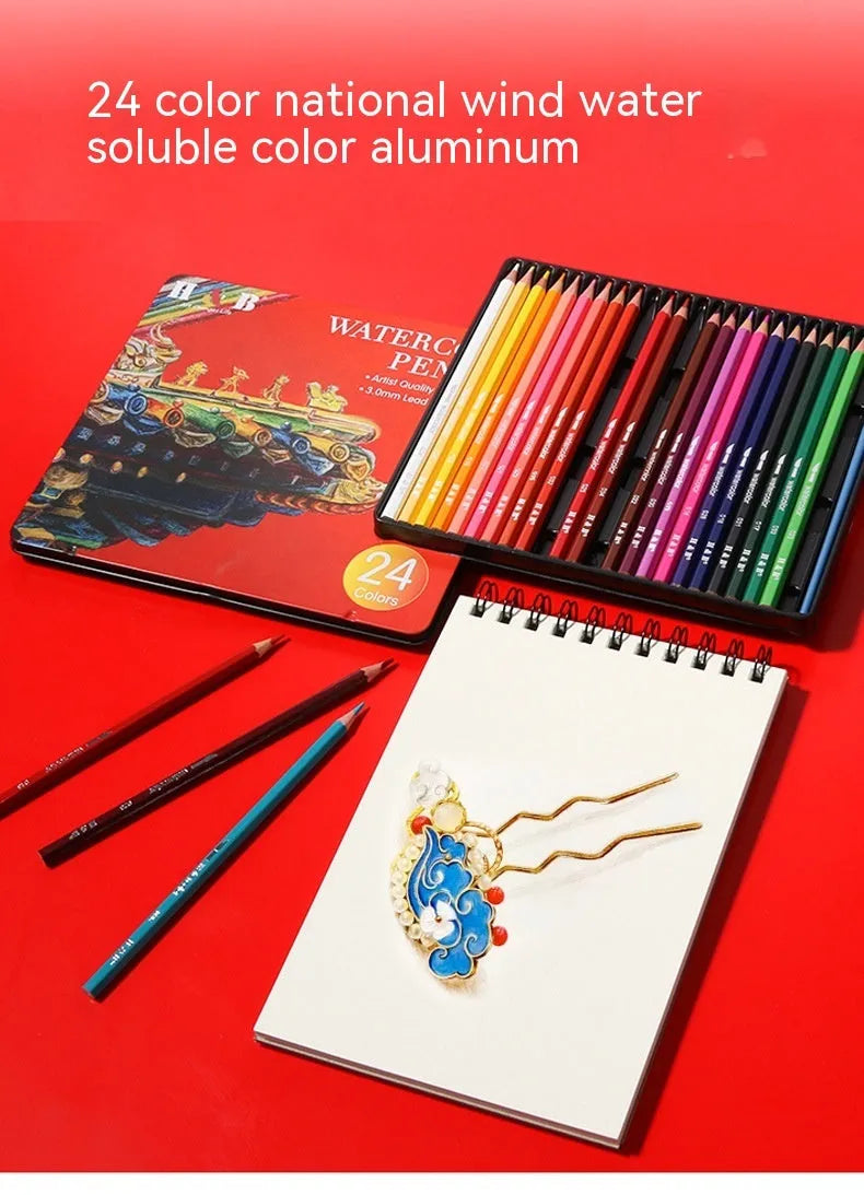 Iron box containing 24 water soluble coloured pencils in a wooden case.