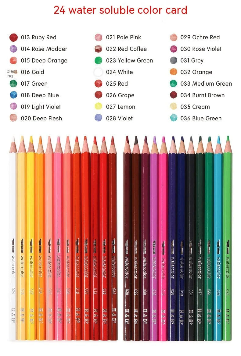 Iron box containing 24 water soluble coloured pencils in a wooden case.