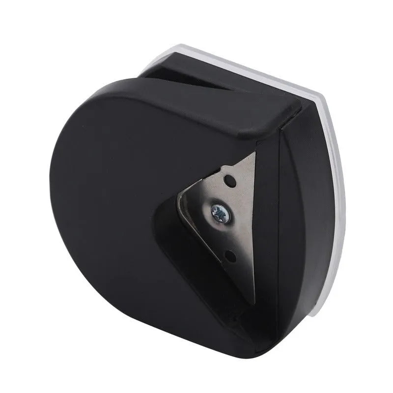 Business card corner cutter in black, blue, or pink colours showing plastic and metal construction