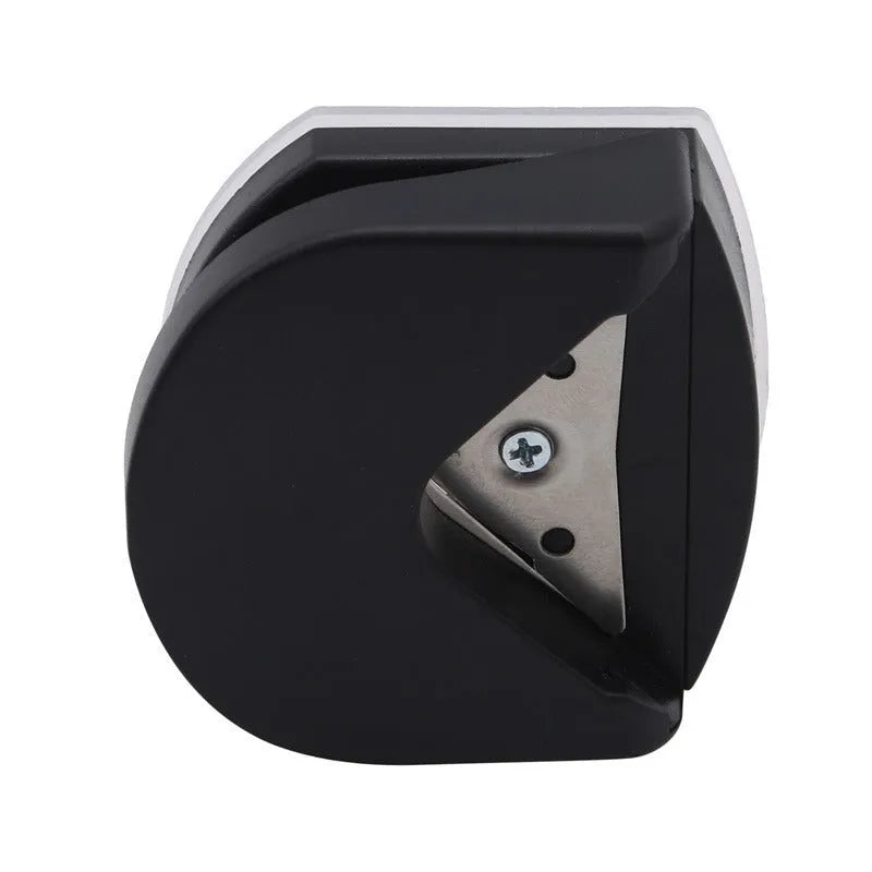 Business card corner cutter in black, blue, or pink colours showing plastic and metal construction