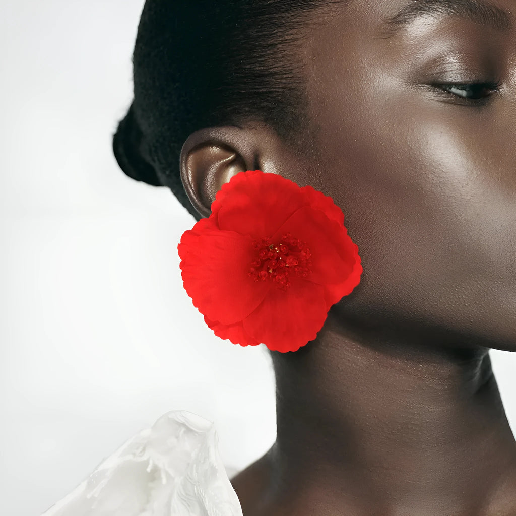 European American exaggerated handmade flower earrings for women, red steel needle pairs, handwoven mixed material floral design