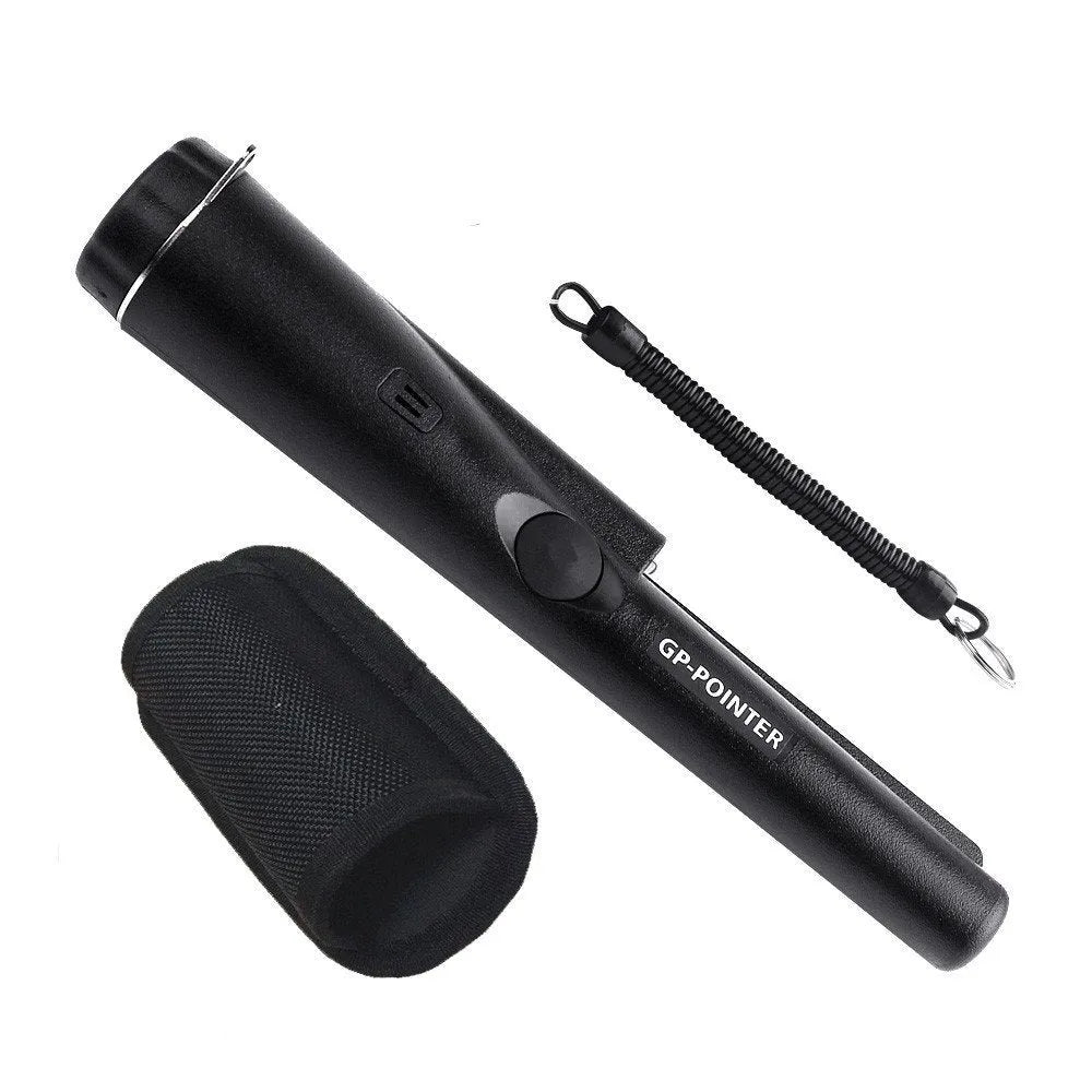 Garrett Pro Pointer handheld pinpointer metal detector in black on a table with belt holster
