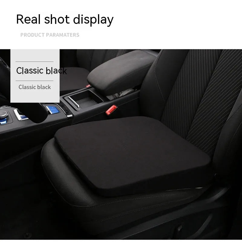 Black car seat cushion measuring 42cm wide by 39cm deep by 6cm thick