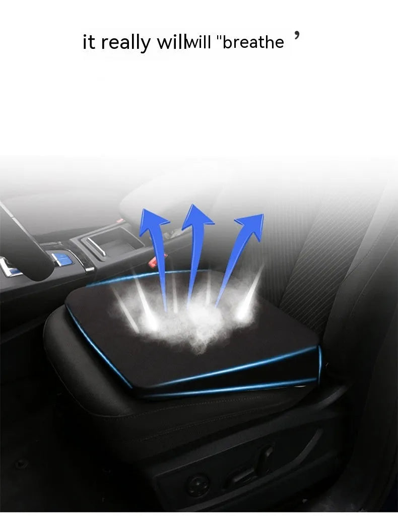 Black car seat cushion measuring 42cm wide by 39cm deep by 6cm thick