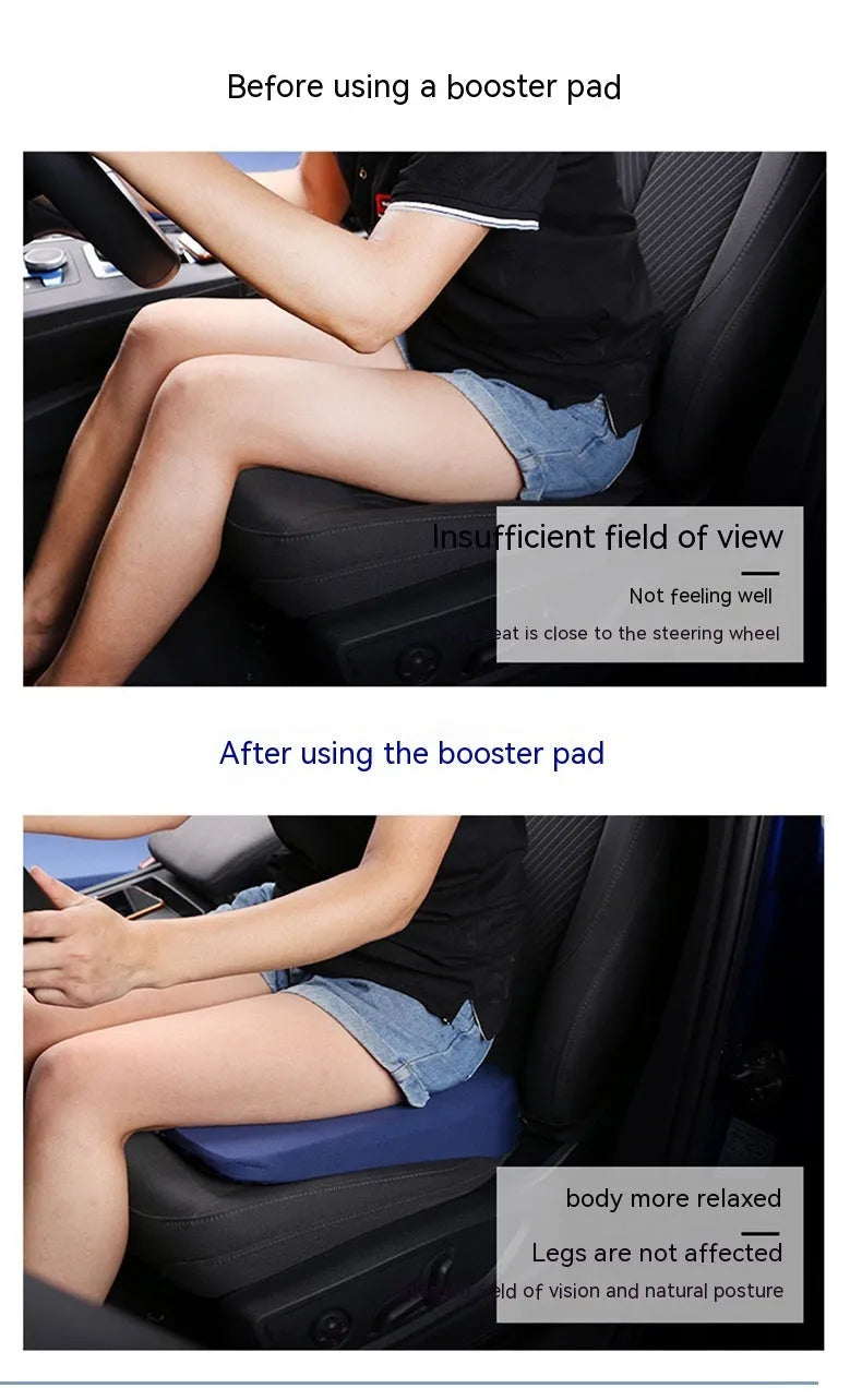 Black car seat cushion measuring 42cm wide by 39cm deep by 6cm thick