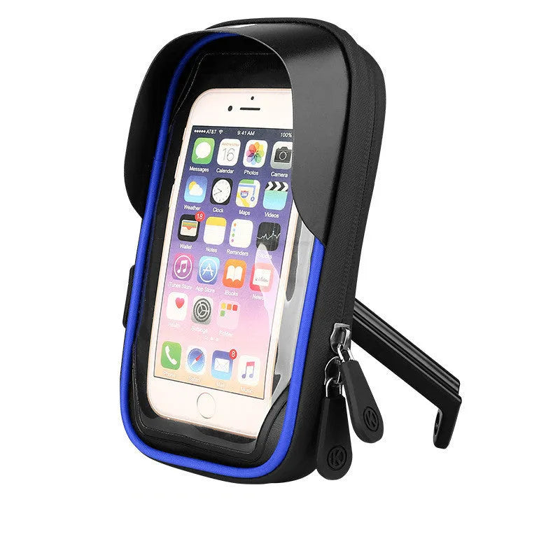 Black waterproof bicycle phone holder with clear touch screen mounted on handlebars.
