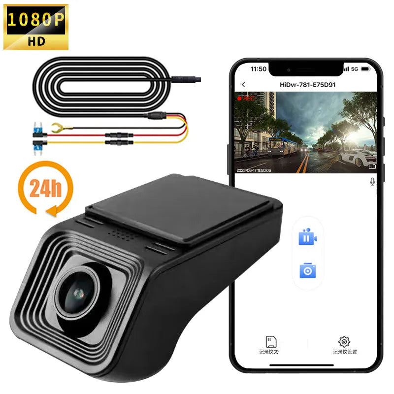1080p HD night vision car dash camera with WiFi connectivity for smartphone app control