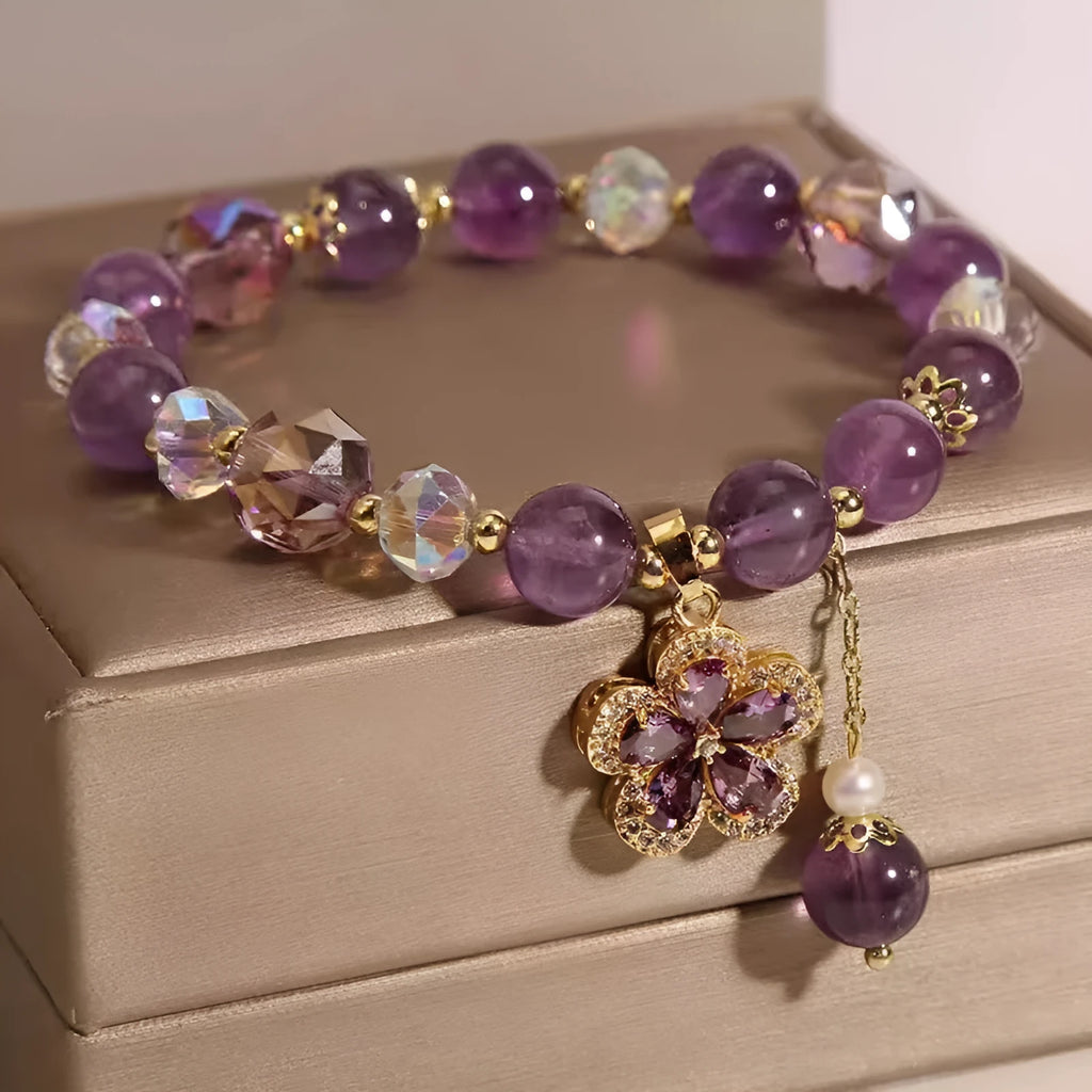 Natural amethyst fox pendant bracelet with purple crystal five-leaf flower and nine-tailed fox design