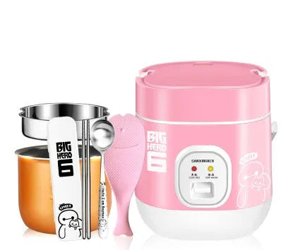 Compact round miniature rice cooker with steam pan and non-stick liner for one to two person cooking