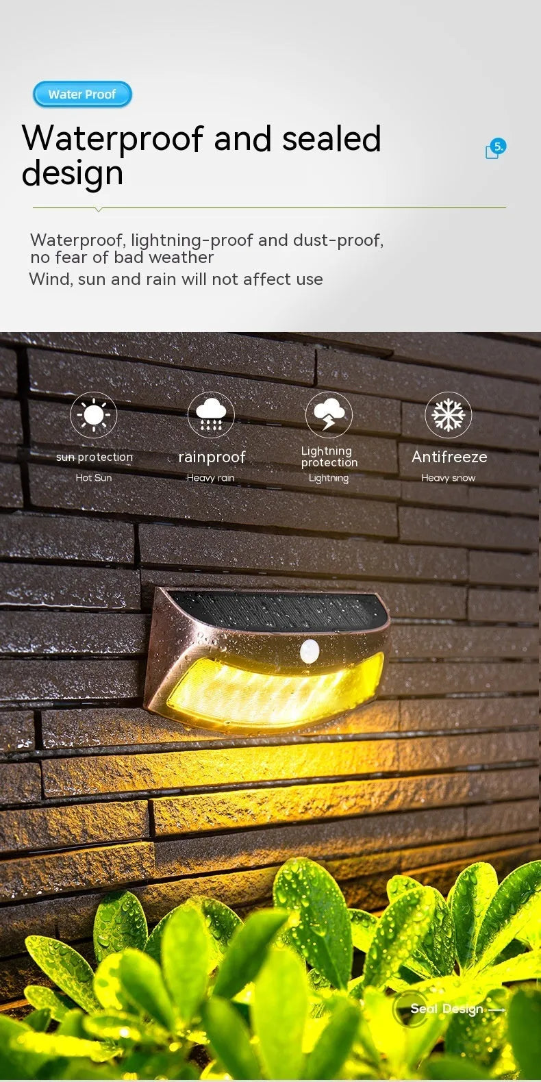 Solar-powered outdoor wall lamp with a smiling face design in a garden setting.