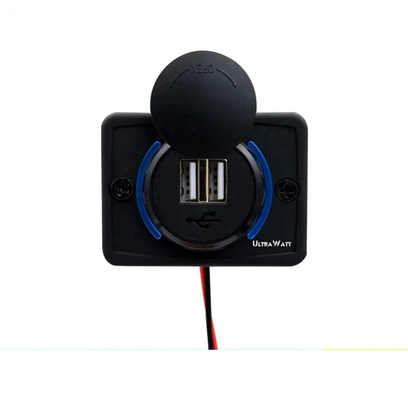 Black car USB charger with two ports for vehicle installation and mobile device charging