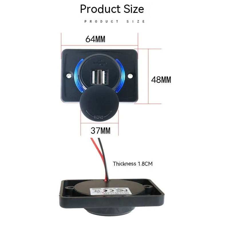 Black car USB charger with two ports for vehicle installation and mobile device charging