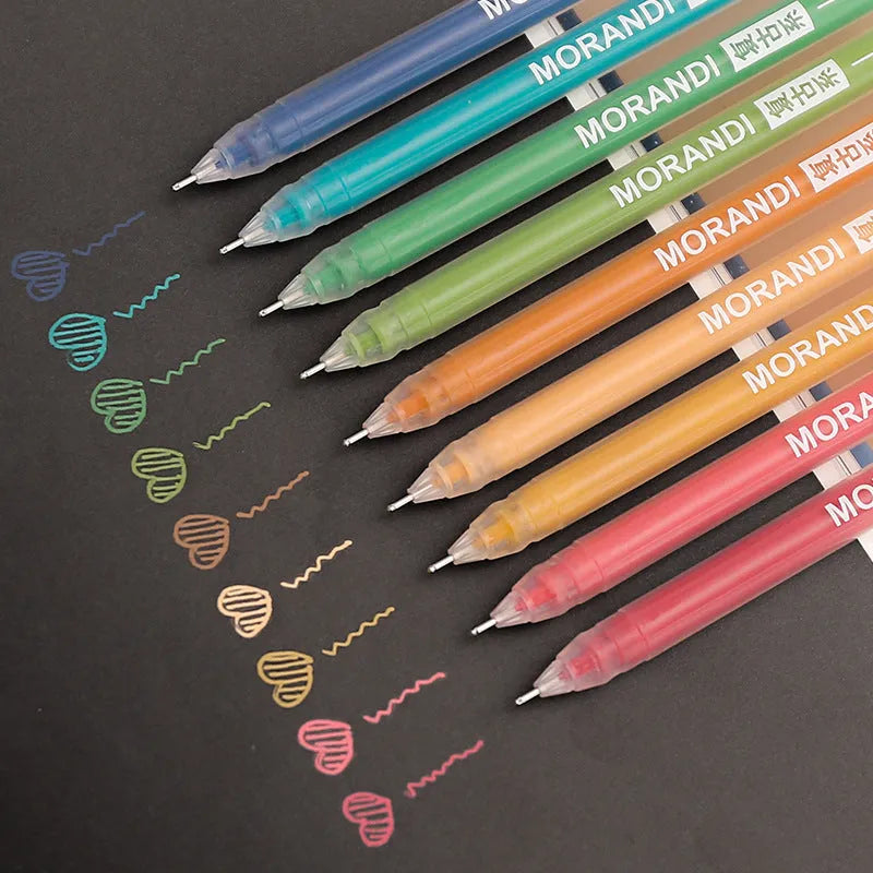 Set of nine retro-style gel pens with 0.5mm needle tips in a cardboard package.