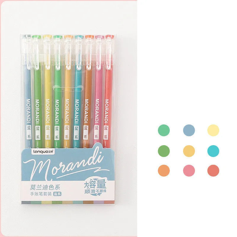 Set of nine retro-style gel pens with 0.5mm needle tips in a cardboard package.