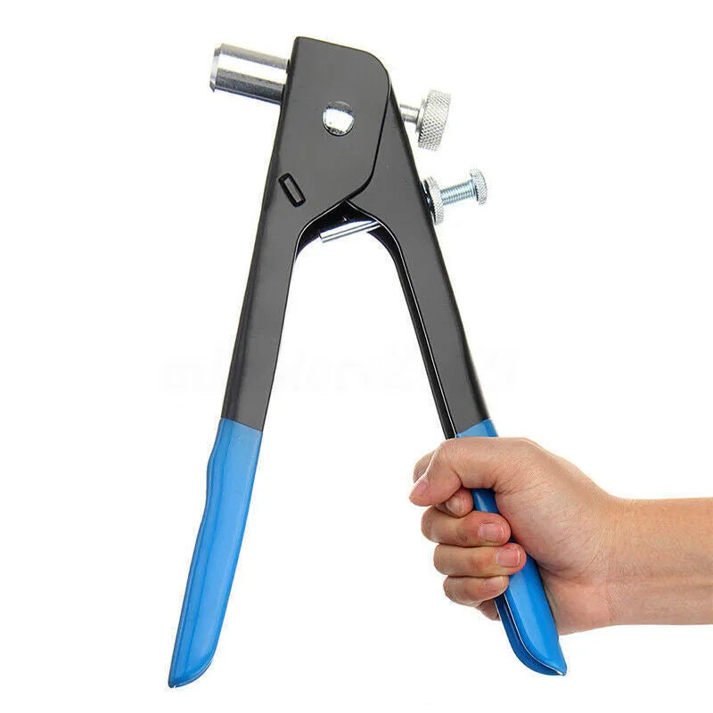 Alloy steel manual riveter tool and assortment of rivet nuts in a set case.