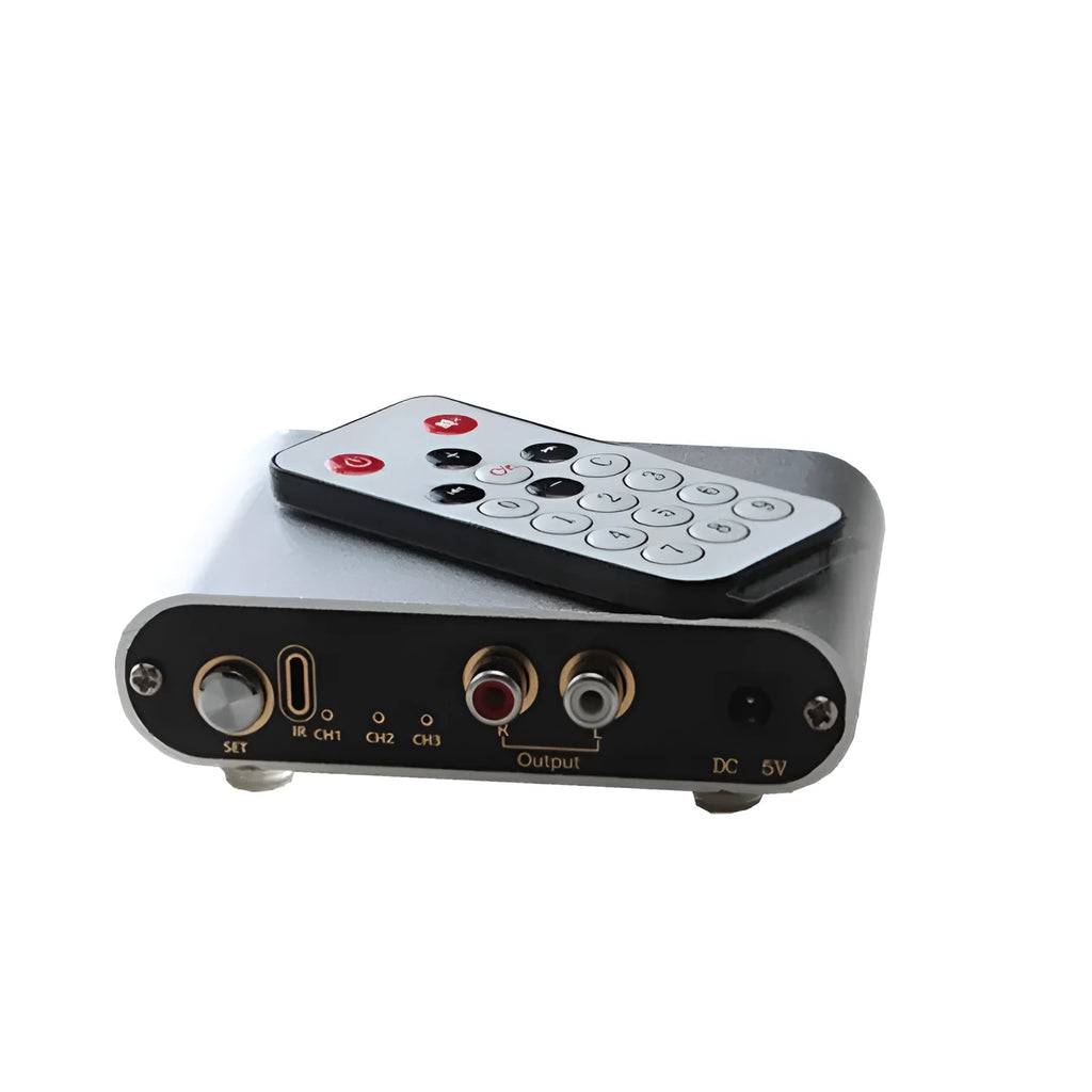 Silver HIFI audio source switch unit with front button and remote control for 3 in 1 out routing