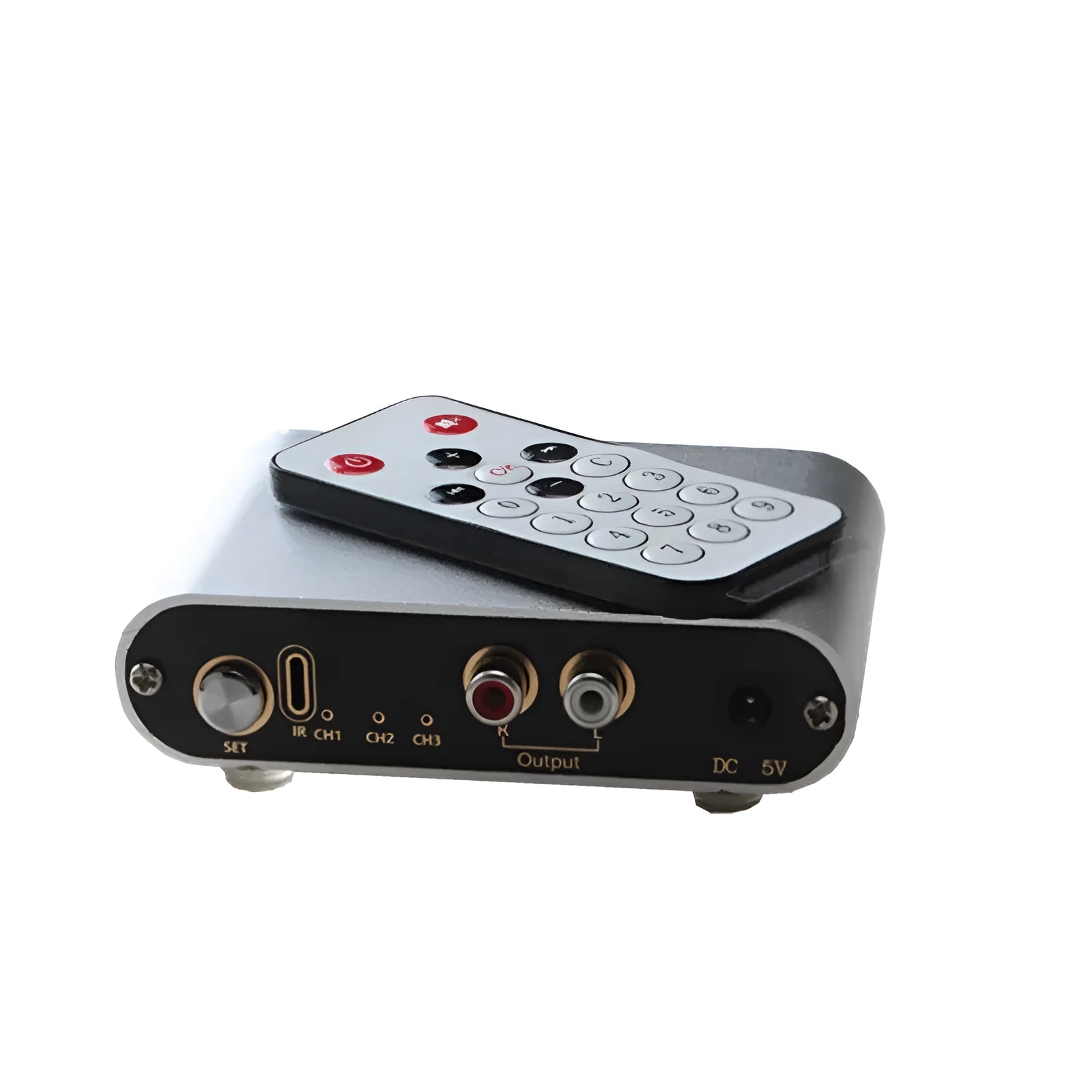 Silver HIFI audio source switch unit with front button and remote control for 3 in 1 out routing