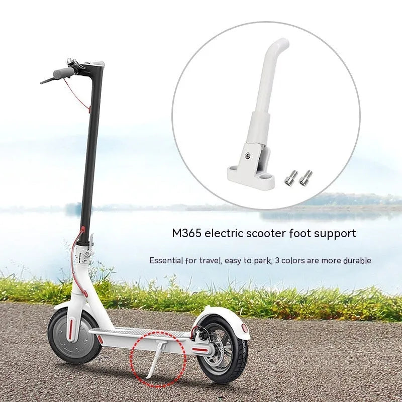 Aluminium alloy electric scooter foot brace accessory in black, white and grey colours with screws.