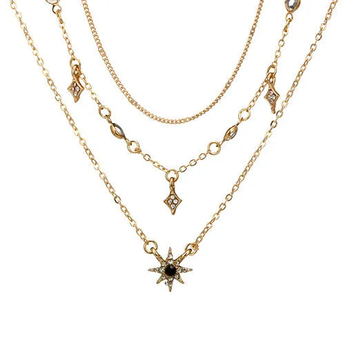 Handmade alloy multi-layer star pendant necklace in gold colour with layered chains and star pendants