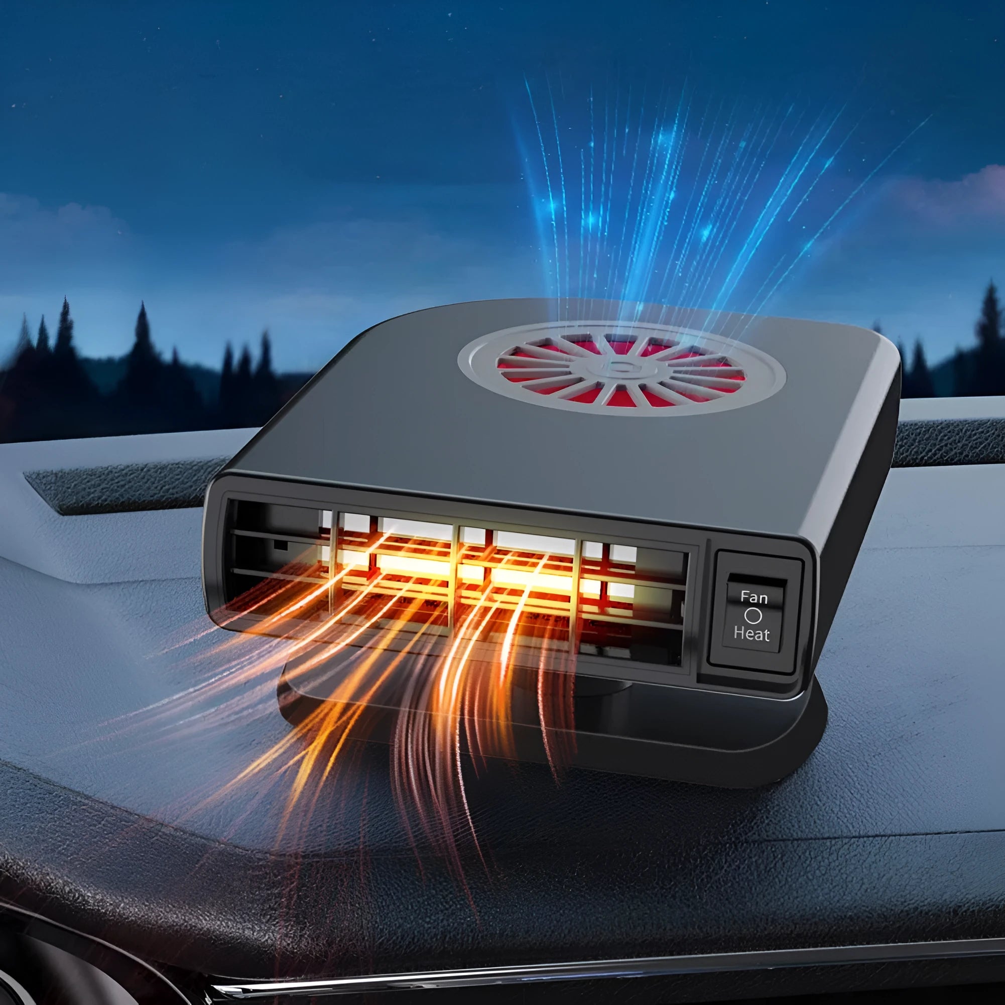 Black compact vehicle-mounted heater with adjustable air vent on a car dashboard.