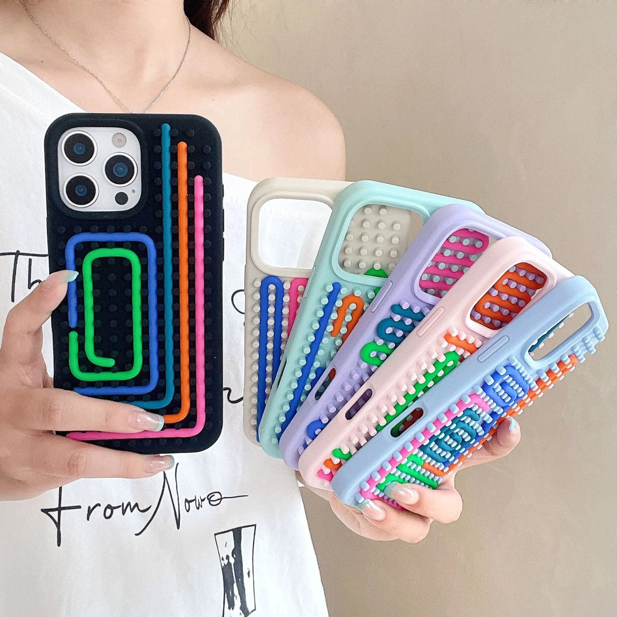 Silicone phone case with colour stripes and lanyard for iPhone 13 to 16 Pro Max in black light pink light purple white light blue light green