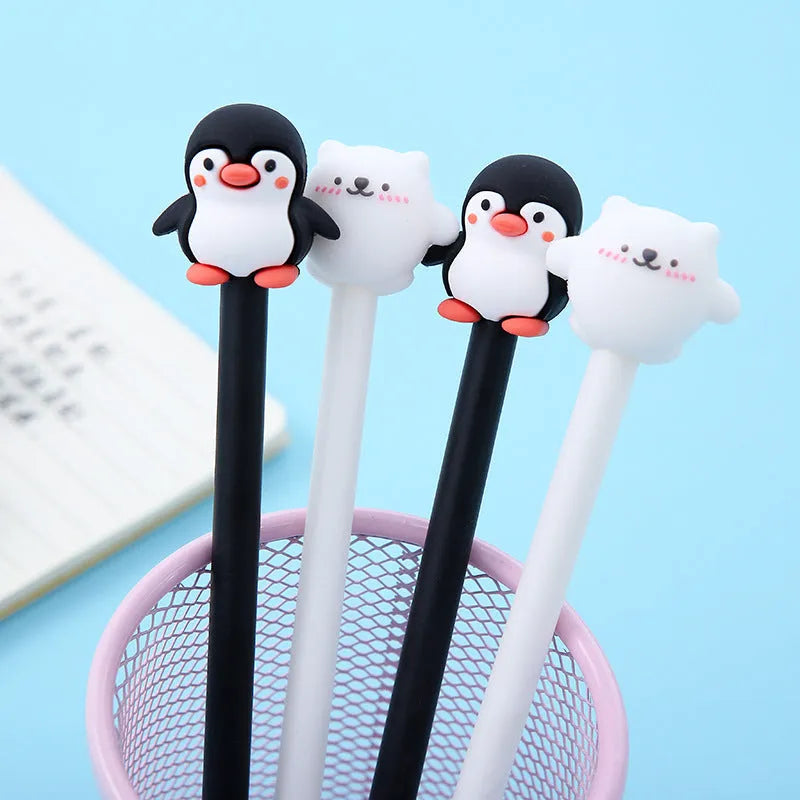 Korean cartoon penguin silicone gel pen with 0.5mm black ink tip and soft silicone grip