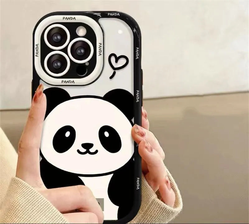 Plush panda PC phone case in black or white for Apple and Huawei models
