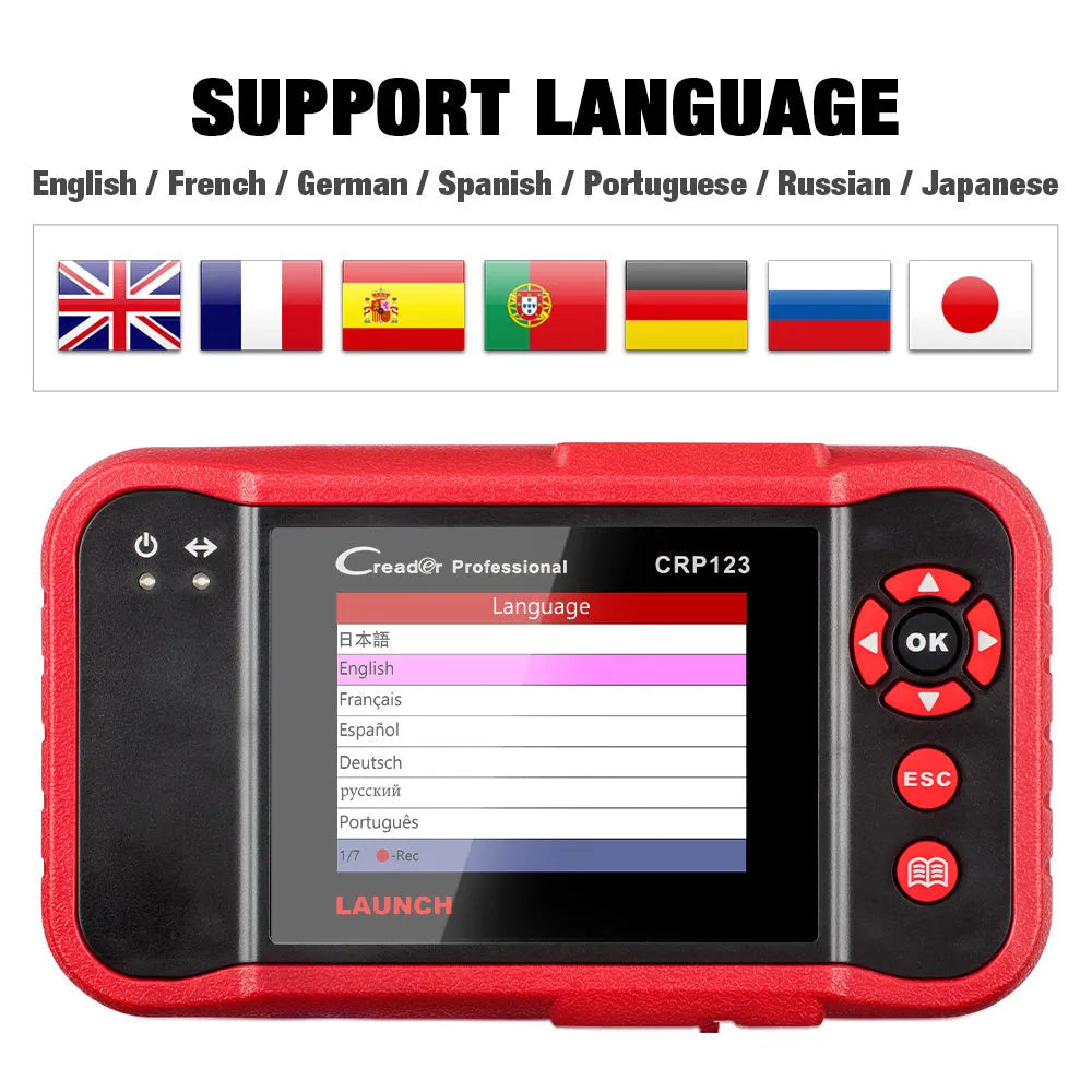 CRP123 handheld automotive diagnostic scanner with cables and accessories for vehicle fault code reading