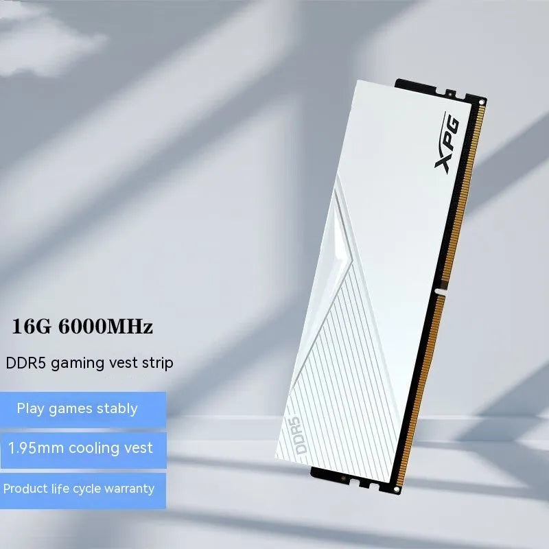 White single DDR5 desktop gaming memory module with 16G or 32G capacity and 6000 or 6400MHz speed options