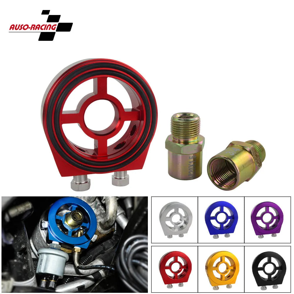 Universal aluminium alloy oil pressure gauge adapter shown in red, blue, black, gold, and silver colour options