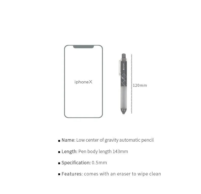 A black and white minimalist 0.5mm automatic pencil with a cloud grip, showing the HB lead hardness.