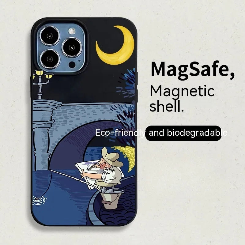 Magnetic retro graffiti resin phone case for iPhone 13 and 14 in green, pink, white, or yellow.