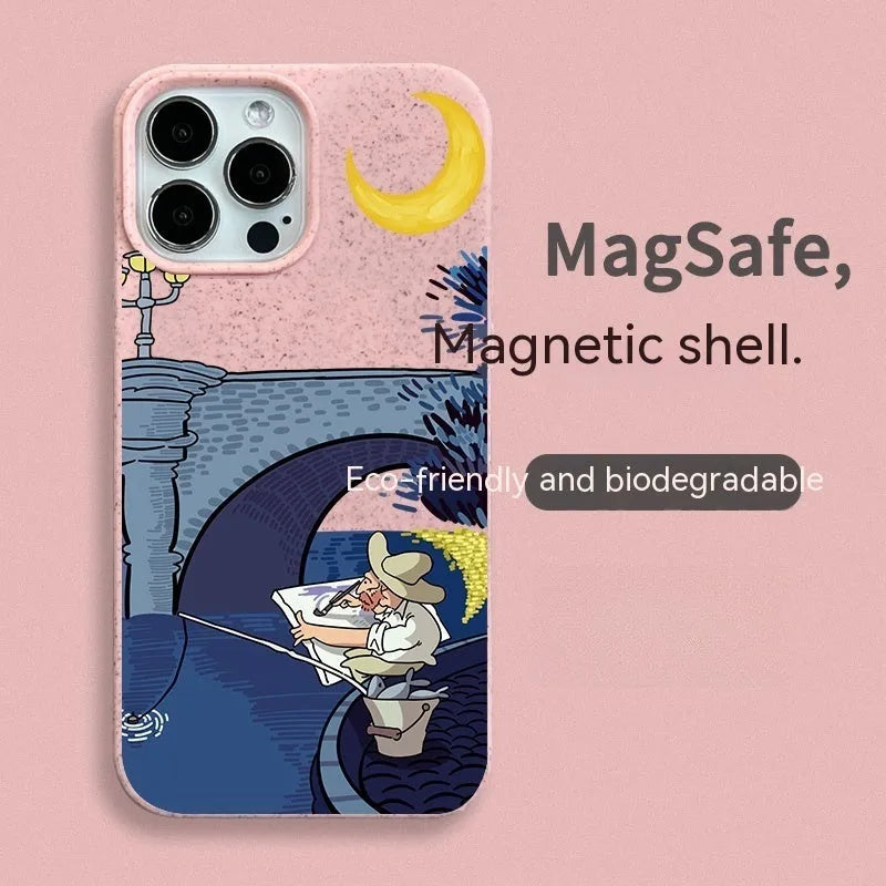 Magnetic retro graffiti resin phone case for iPhone 13 and 14 in green, pink, white, or yellow.