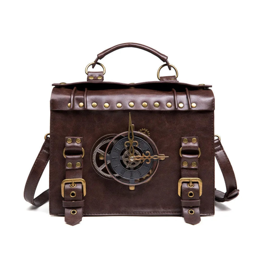 Bronze steampunk industrial retro style shoulder bag with metal hardware and pillow bag shape
