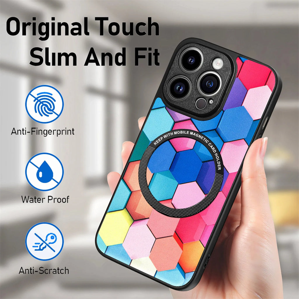 Magnetic suction iPhone case in two-in-one plastic and silicone, shown in Multicolour Block, Purple Scales, Rhombus Mandala, Emerald, Nordic Rhombus, Magic Space and Colourful Clouds
