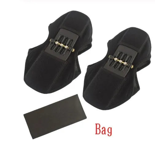 Black adjustable knee brace with patella support and visible booster spring mechanism for sports.