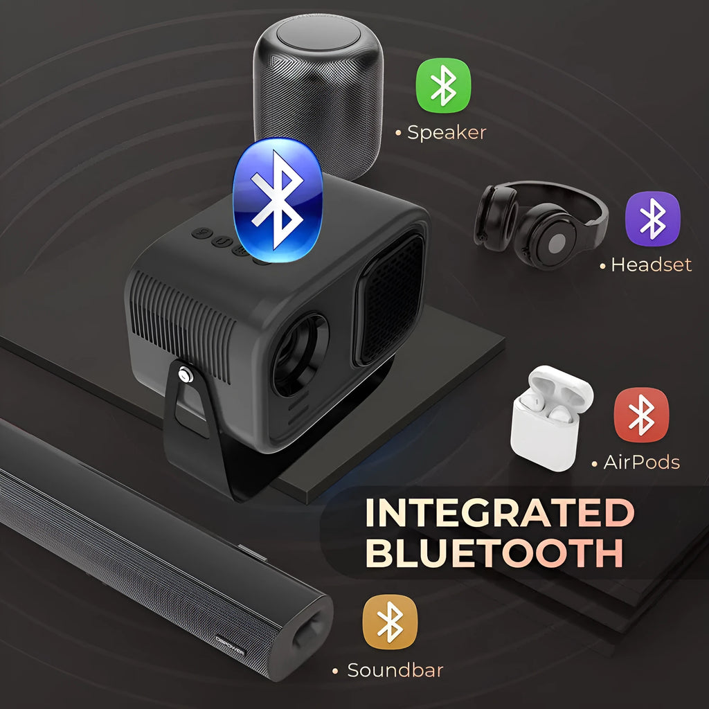 Black portable smart HD projector with remote control on a desk.