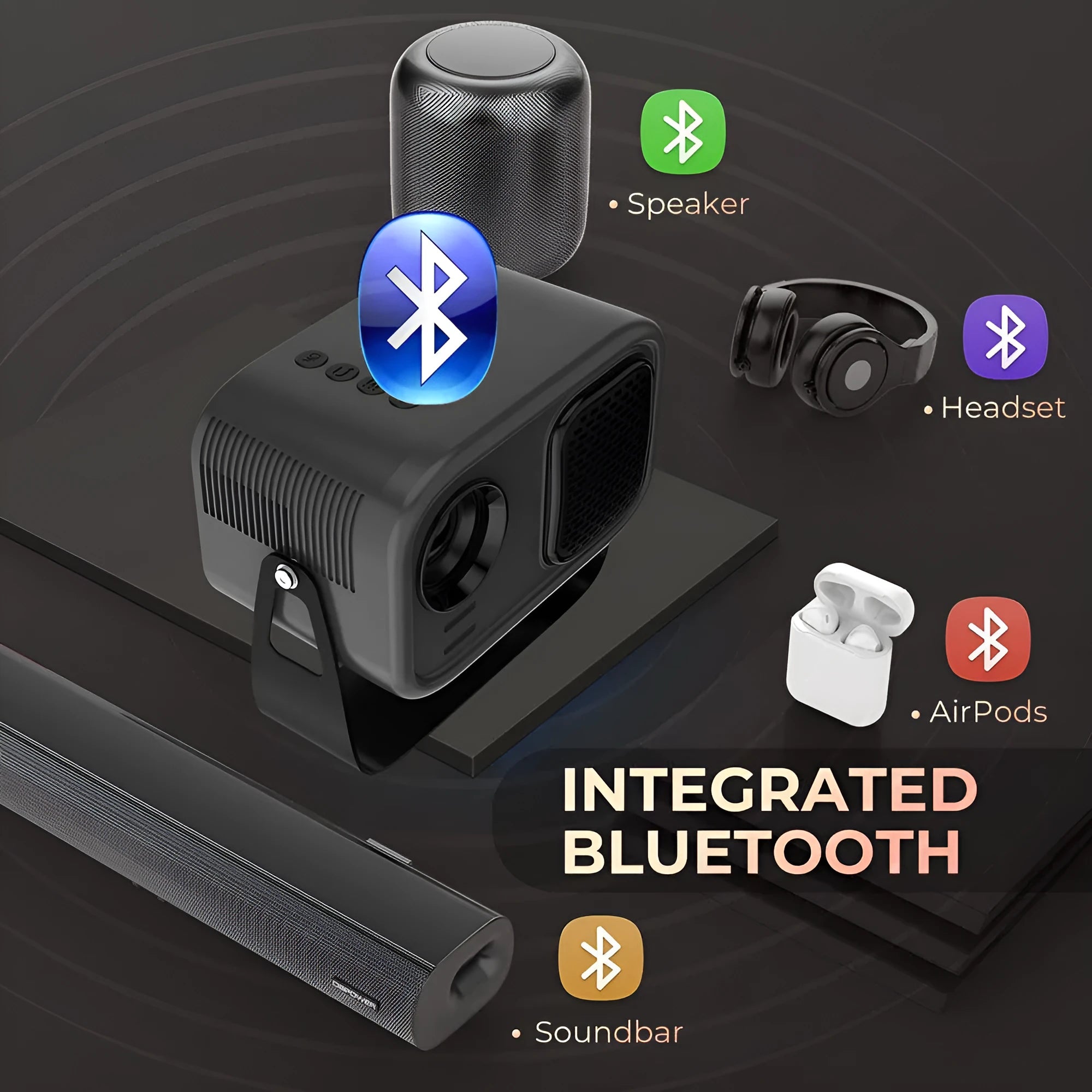 Black portable smart HD projector with remote control on a desk.