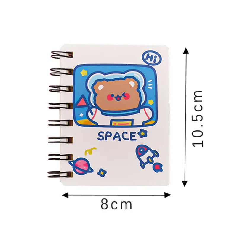 Astronaut series pocket flipper notebook showing 10.5x8cm size and themed cover options.